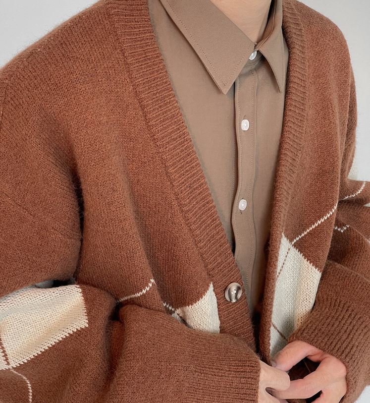 RT No. 5309 CARAMEL BROWN KNITTED DIAMOND CARDIGAN